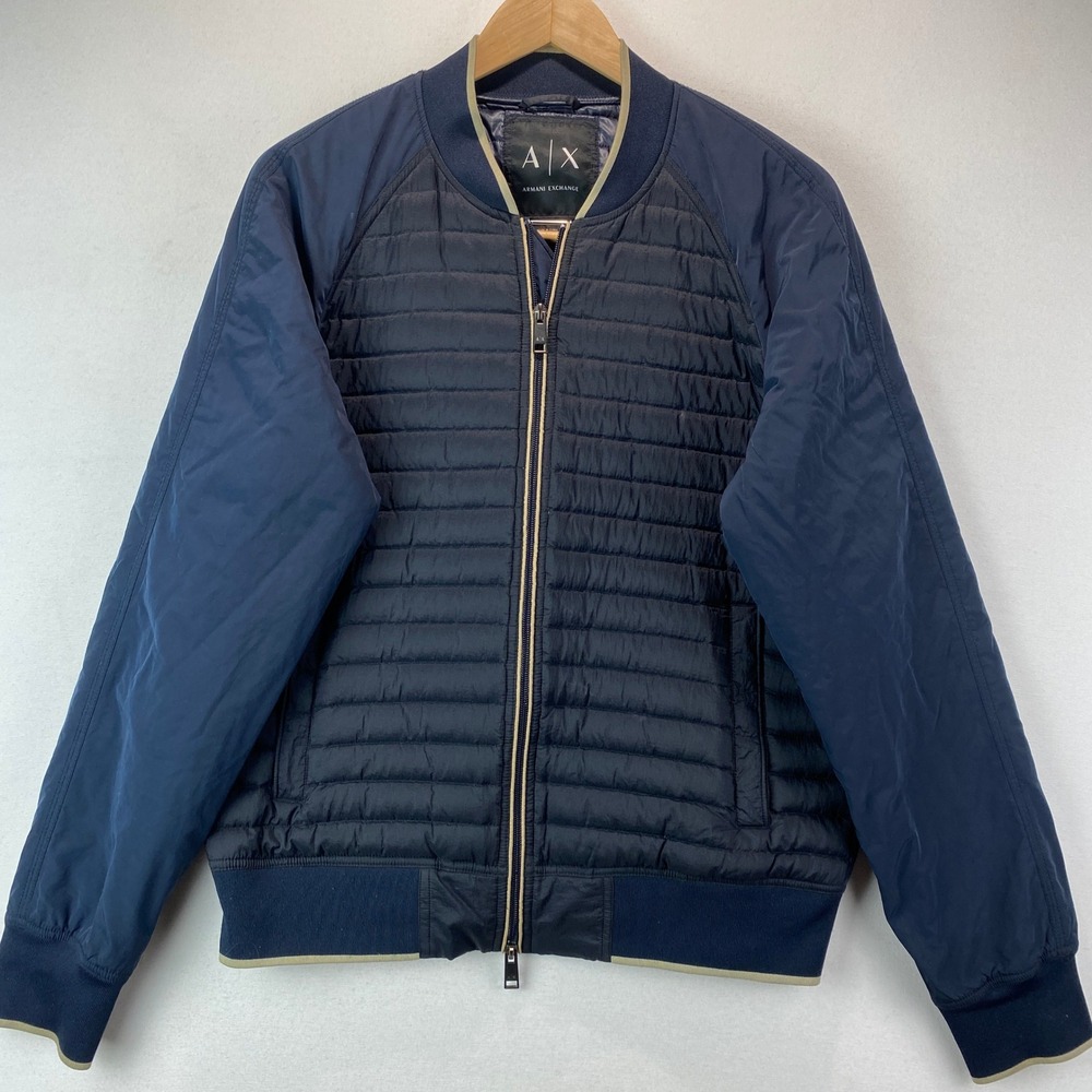 Armani Exchange Quilted Down Bomber Jacket Mens Large Navy Blue Full Zip